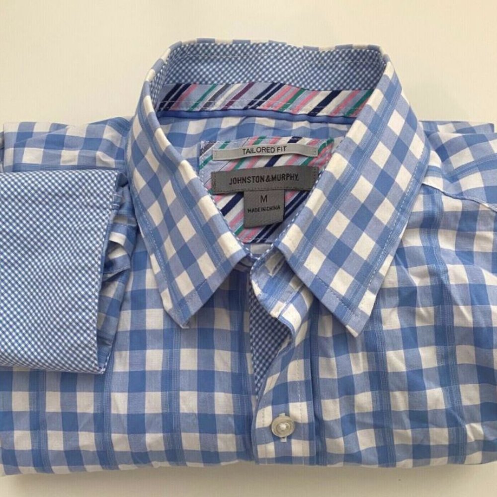 JOHNSTON & MURPHY BLUE GINGHAM SHIRT SIZE XL